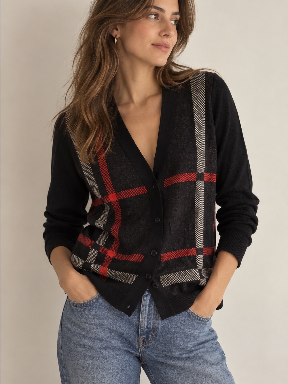 The Limited Black V-Neck Button Preppy Plaid Red & GrayCardigan Size Medium